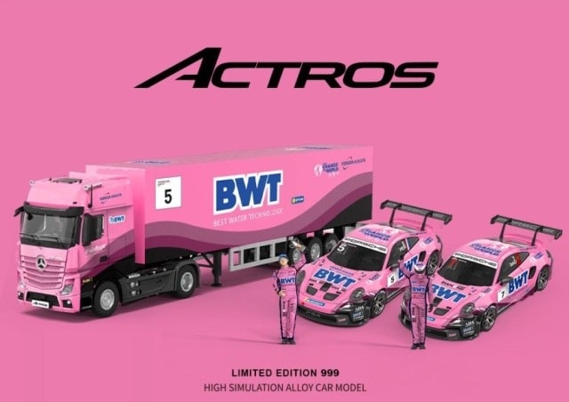 MD646729-T ModernArt & YONDA BWT 1:64 Mercedes-Benz Truck Transporter Set with Porsche 911 GT3 CUP 992 #5 and #7 Figures