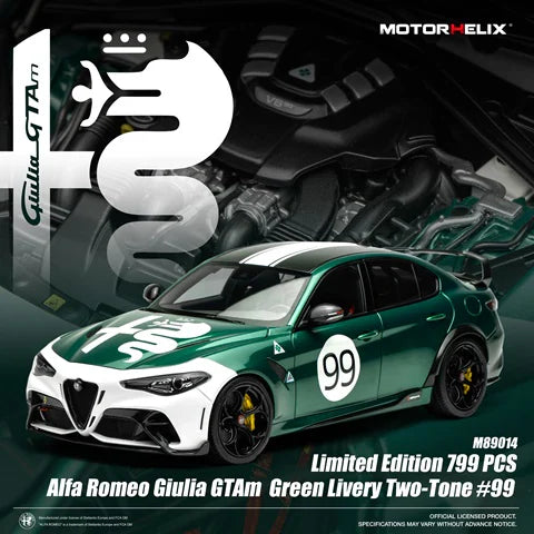 M89014 MOTORHELIX 1:18 Alfa Romeo Giulia GTAm Green Livery Two-Tone #99