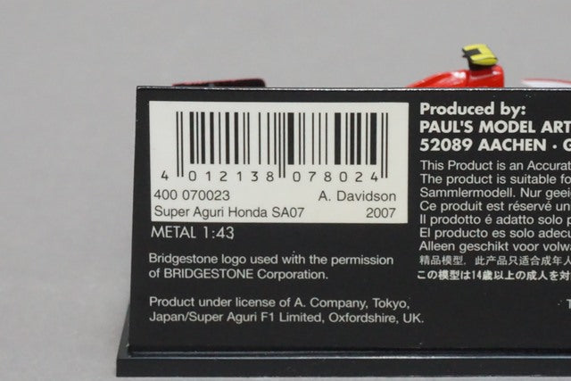 1:43 MINICHAMPS 400070023 Super Aguri Honda SA07 2007 A. Davidson #23
