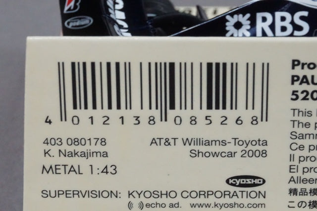 1:43 MINICHAMPS 403080178 AT&T Williams Toyota Show Car 2008 Kazuki Nakajima #8
