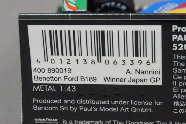 1:43 MINICHAMPS 400890019 Benetton Ford B189 A.Nannini Japanese GP Winner 1989 #19 7UP