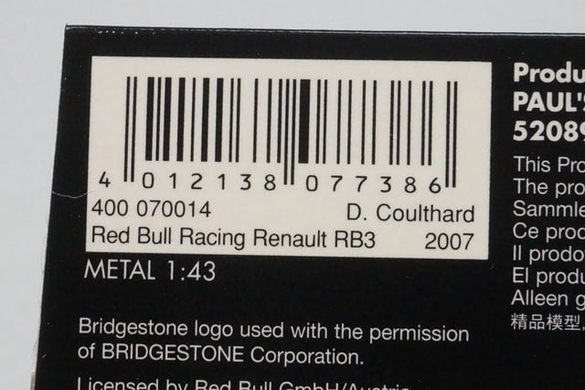 1:43 MINICHAMPS 400070014 Red Bull Racing Renault RB3 2007 #14 D. Coulthard model car