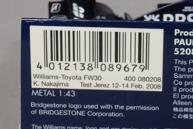1:43 MINICHAMPS 400080208 AT&T Williams Toyota FW30 2008 Kazuki Nakajima #8