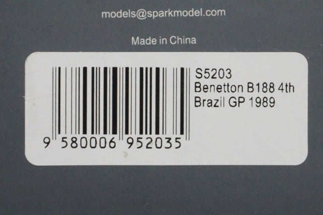 1:43 SPARK S5203 Benetton B188 Brazilian GP 1989 #20 Johnny Herbert CAMEL