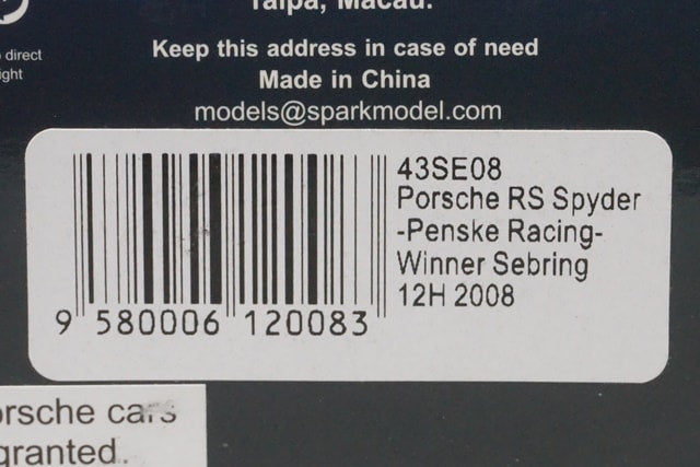 1:43 SPARK 43SE08 Porsche RS Spyder Penske Racing Sebring 12H Winner 2008 #7
