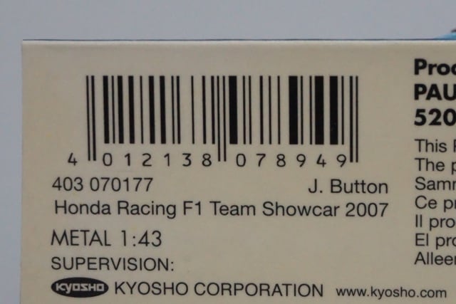 1:43 MINICHAMPS 403070177 Kyosho Honda Racing F1 Team Show Car 2007 #7 J. Button model car