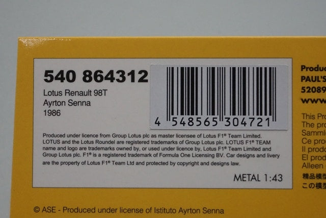 1:43 MINICHAMPS 540864312 Lotus Renault 98T 1986 #12 A.Senna model car