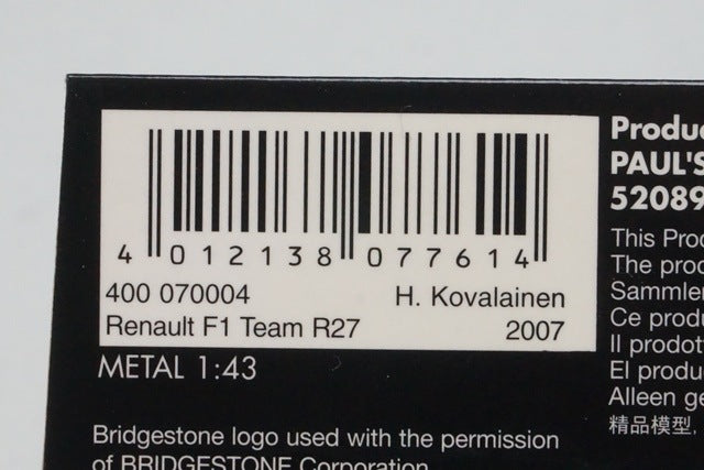 1:43 MINICHAMPS 400070004 Renault F1 Team R27 2007 #4 H. Kovalainen model car