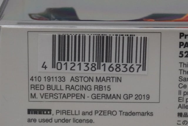 1:43 MINICHAMPS 410191133 Aston Martin Red Bull Racing RB15 German GP 2019 #33 M. Verstappen model car
