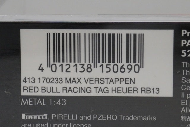 1:43 MINICHAMPS 413170233 Red Bull Racing TAG Heuer RB13 China 2017 #33 model car