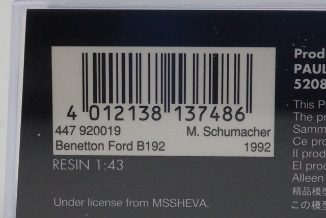 1:43 MINICHAMPS 447920019 Benetton Ford B192 Belgian Grand Prix 1992 #19 model car