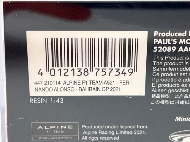 1:43 MINICHAMPS 447210114 Paddock Custom Alpine F1 Team A521 Bahrain GP 2021 #14 F. Alonso