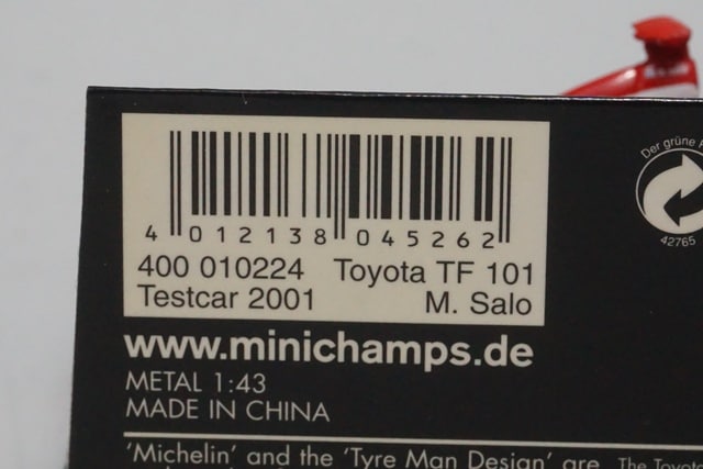 1:43 MINICHAMPS 400010224 Toyota TF101 Test Car F1 2001 M.Salo