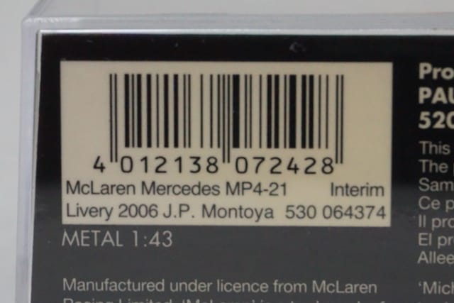 1:43 MINICHAMPS 530064374 McLaren Mercedes MP4-21 INTERIM LIVERY '6 #4 Montoya