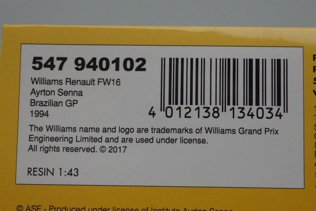 1:43 MINICHAMPS 547940102 Williams Renault FW16 Brazilian GP 1994 #2 A. Senna model car