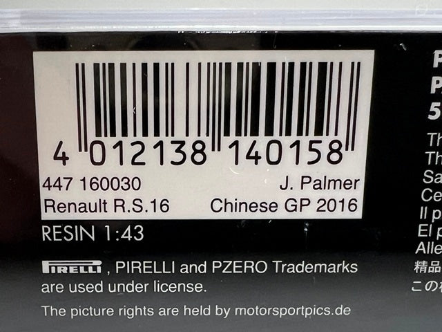 1:43 MINICHAMPS 447160030 Renault R.S.16 Chinese GP 2016 #30 J.Palmer model car