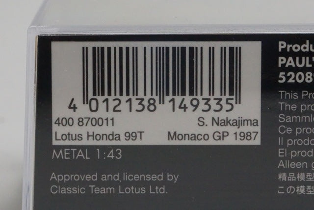 1:43 MINICHAMPS 400870011 Lotus Honda 99T Monaco GP 1987 #11 model car