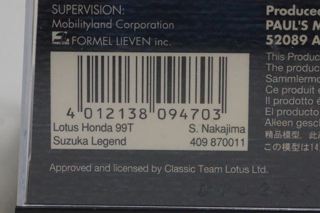 1:43 MINICHAMPS 409870011 Suzuka Legend Custom Lotus Honda 99T #11 model car