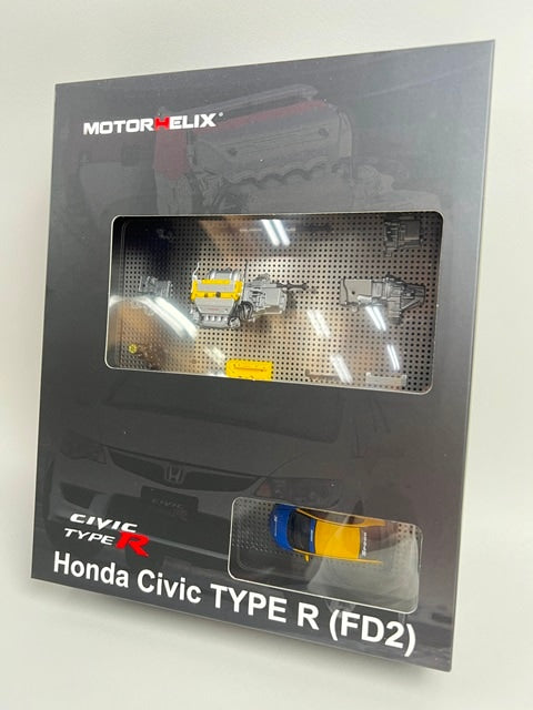 M90308DZ-SAE MOTORHELIX 1:64 Honda Civic TYPE R (FD2) + 1:18 Kseries Engine Spoon Customized Frame Display Model