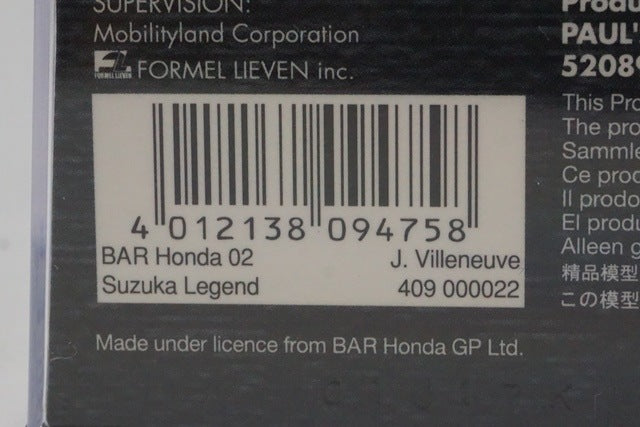 1:43 MINICHAMPS 409000022 Suzuka Circuit Custom BAR Honda 02 #22 model car