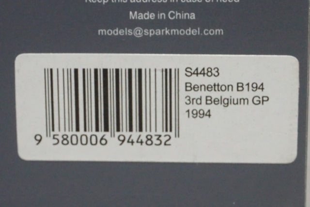 1:43 SPARK S4483 Benetton B194 3rd Belgium GP 1994 #6 J.Verstappen Mild Seven