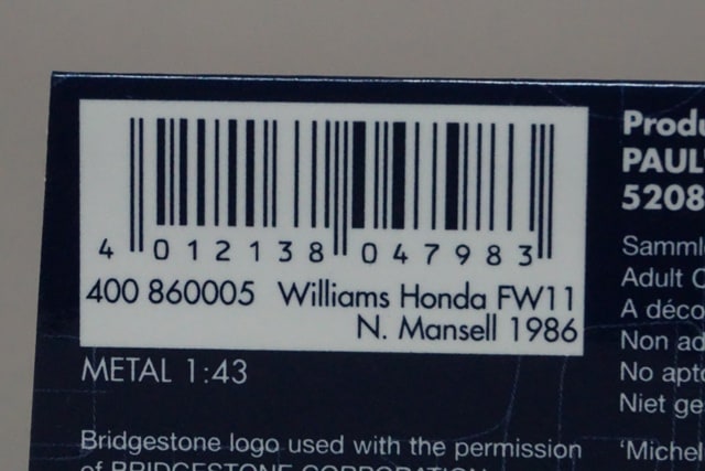 1:43 MINICHAMPS 400860005 Williams Honda FW11 1986 #5 N.Mansell model car