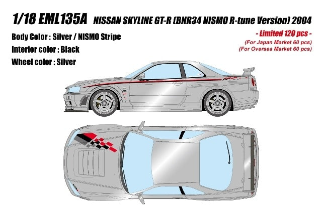EML135A Make Up EIDOLON 1:18 Nissan Skyline GT-R BNR34 NISMO R-tune Ver 2004 Silver Nismo Stripes