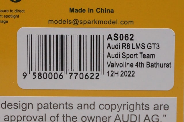 1:43 SPARK AS062 Audi R8 LMS GT3 Bathurst 4th 12H 2022 #74