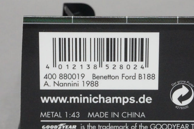 1:43 MINICHAMPS 400880019 Benetton Ford B188 1988 #19 A. Nannini model car