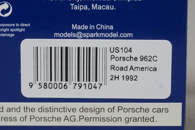 1:43 SPARK US104 Porsche 962C Road America 2H 1992 #30 model car