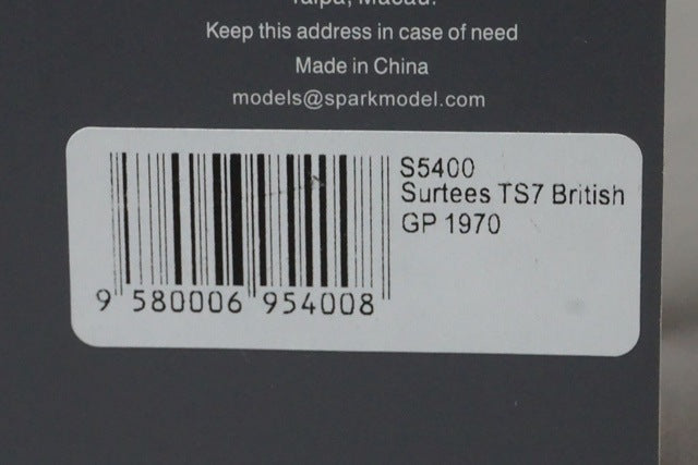 1:43 SPARK S5400 Surtees TS7 British GP 1970 #20 J. Surtees model car