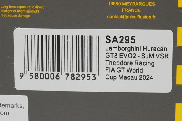 1:43 Spark SA295 Lamborghini Huracan GT3 EVO2 SJM VSR Theodore Racing #19 M. Cairoli, FIA GT World Cup Macau 2024