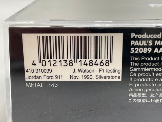 1:43 MINICHAMPS 410910099 Jordan Ford 911 F1 Test 28 Hours NOV.1990 Silverstone model car