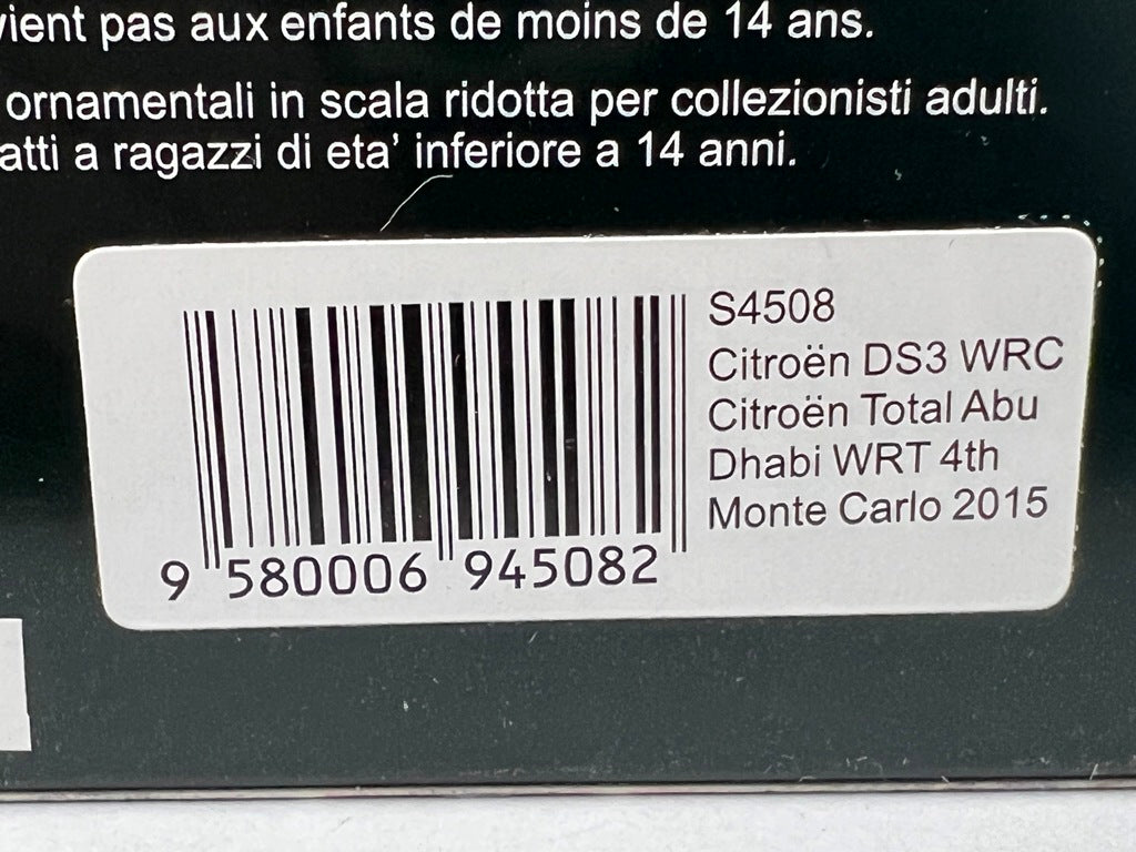 1:43 Spark S4508 DS3 WRC Citroen Total Abu Dhabi WRT Monte Carlo 2015 #12 M. Ostberg J. Andersson model car