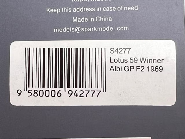 1:43 Spark S4277 Lotus 59B F2 Albi GP 1969 Winner #4 G. Hill