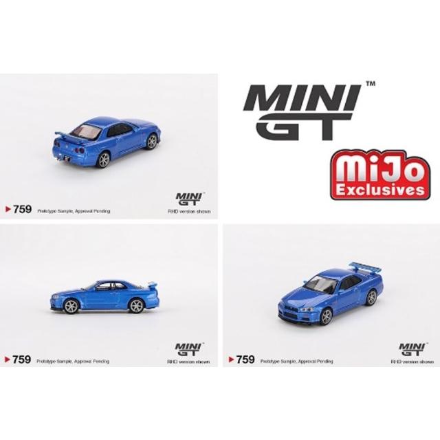 MGT00759-MJ TSM MINI-GT × Mijo 1:64 Nissan Skyline GT-R R34 V-Spec Bayside Blue (Right-Hand Drive) *Blister Pack
