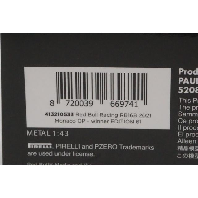 1:43 MINICHAMPS 413210533 Red Bull Racing RB16B Monaco GP 2021 #33 M. Verstappen