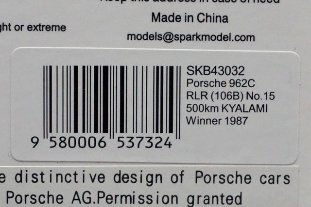 1:43 SPARK SKB43032 Porsche 962C RLR 106B 500km Kyalami Winner 1987 #15