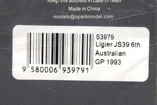 1:43 SPARK S3979 Ligier JS39 6th Australian GP M.Brundle 1993 #25