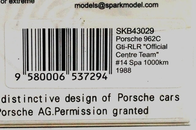 1:43 SPARK SKB43029 Porsche 962C Gti-RLR SPA 1000km 1988 #14 Official Center Team