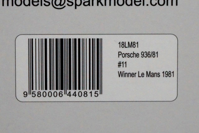1:18 SPARK 18LM81 Porsche 936/81 Le Mans 1981 Winner #11J.Ickx-D.Bell