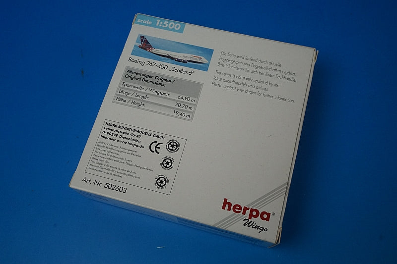 1:500 B747-400 British Airways Scotland 502603 Herpa airplane model