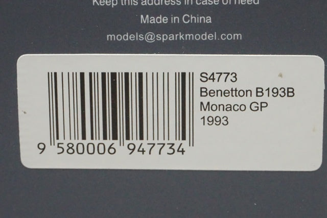 1:43 SPARK S4773 Benetton B193B Monaco GP R.Patrese 1993 #6 CAMEL model car