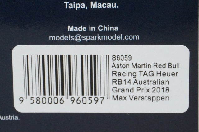 1:43 SPARK S6059 Aston Martin Red Bull Tag Heuer RB14 Australian GP 2018 #33 M.Verstappen