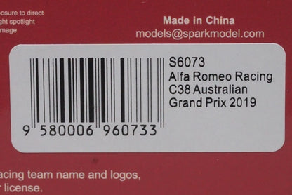 1:43 SPARK S6073 Alfa Romeo Racing C38 Australian GP 2019 #7 K.Raikkonen