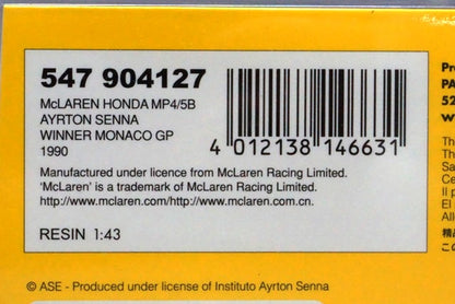 1:43 MINICHAMPS 547904127 McLaren Honda MP4/5B Monaco GP 1990 Winner #27 A.Senna Marlboro