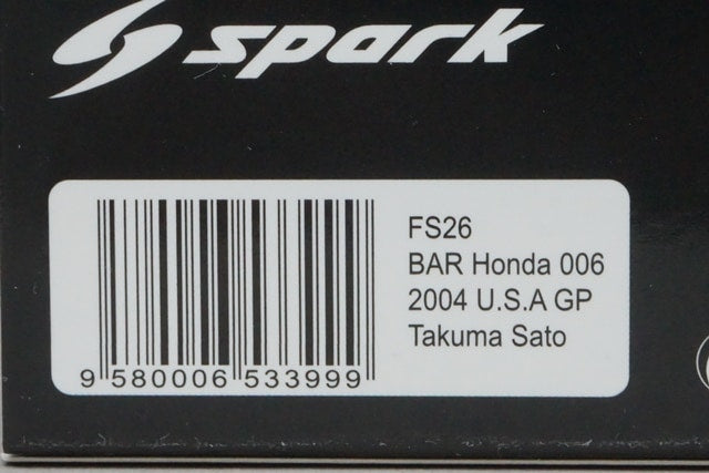 1:43 SPARK FS26 Honda BAR 006 US GP Takuma Sato 2004 #10 Racing On