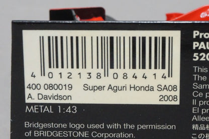 1:43 MINICHAMPS 400080019 Super Aguri Honda SA08 2008 A.Davidson #19