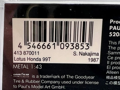 1:43 MINICHAMPS 413870011 Lotus Honda 99T Japan GP 1987/11/01 #11 Satoru Nakajima CAMEL model car