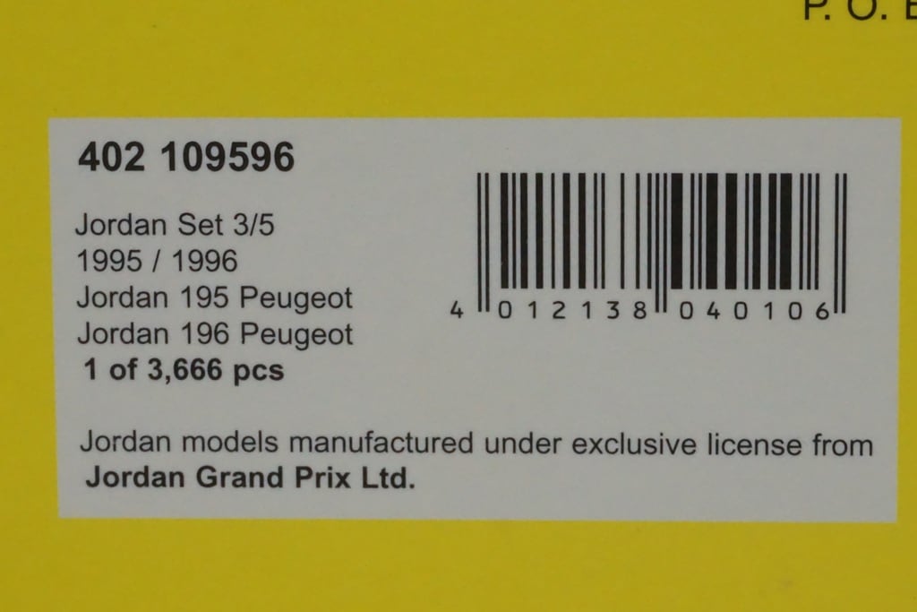 1:43 MINICHAMPS 402109596 Jordan Set 3/5 195 Peugeot 1995 / 196 Peugeot 1996